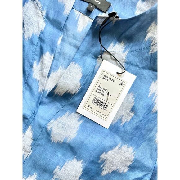 Theory Slit Front Sheer Tunic Dress Blue Gray Ikat Pattern Size P - Picture 6 of 10
